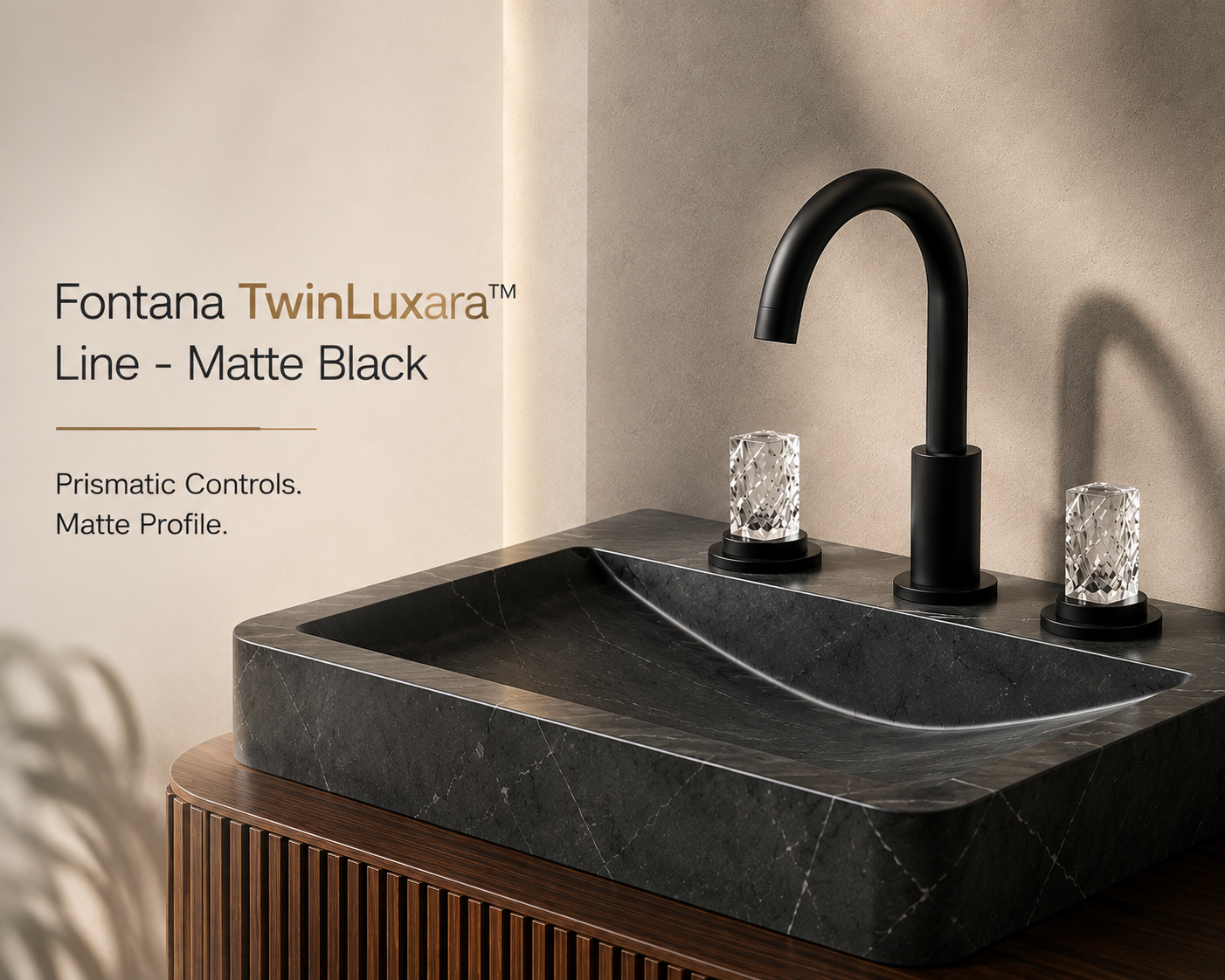 Fontana TwinLuxara Matte Black Luxury Two Handle Bathroom Faucet with White Crystal Handles